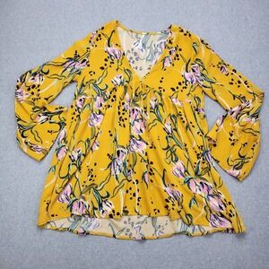 Free People Bella Tunic Top Women's S Yellow Floral Deep Neck‎ Baby Doll